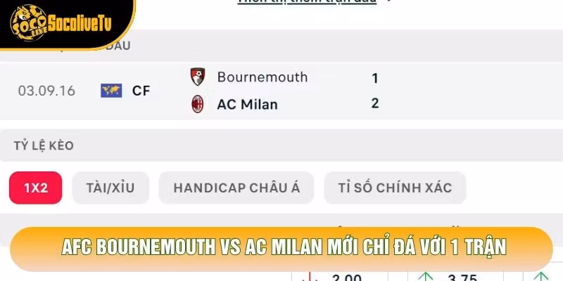 AFC Bournemouth vs AC Milan mới chỉ đá với 1 trận AFC Bournemouth vs AC Milan mới chỉ đá với 1 trận