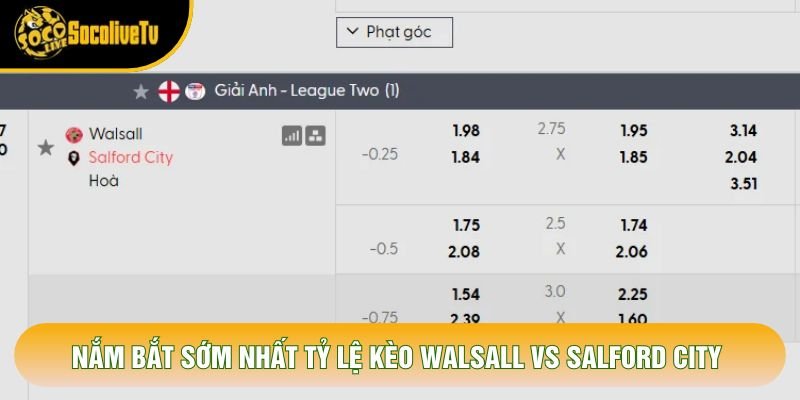 Nắm bắt sớm nhất tỷ lệ kèo Walsall vs Salford City Nắm bắt sớm nhất tỷ lệ kèo Walsall vs Salford City